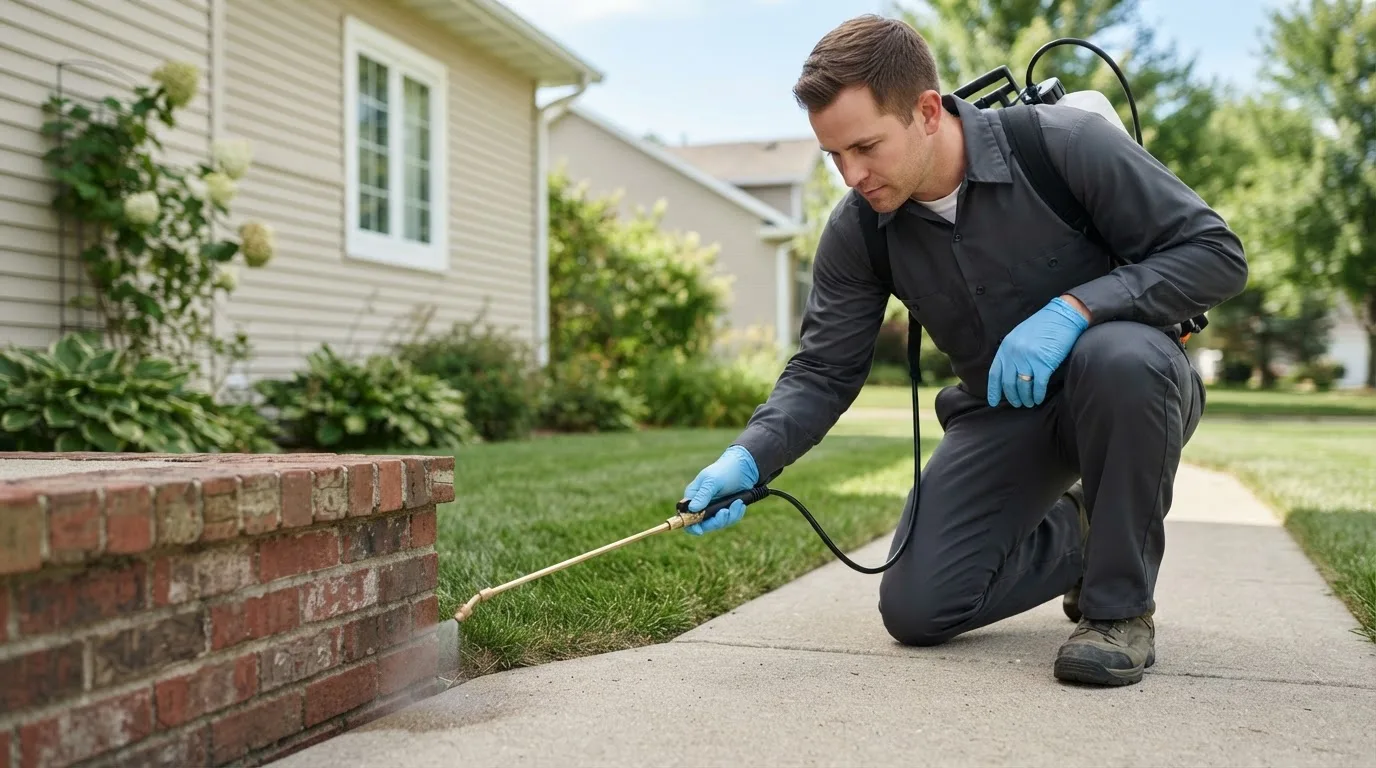 Pest control technician treating a home near Marengo, IA