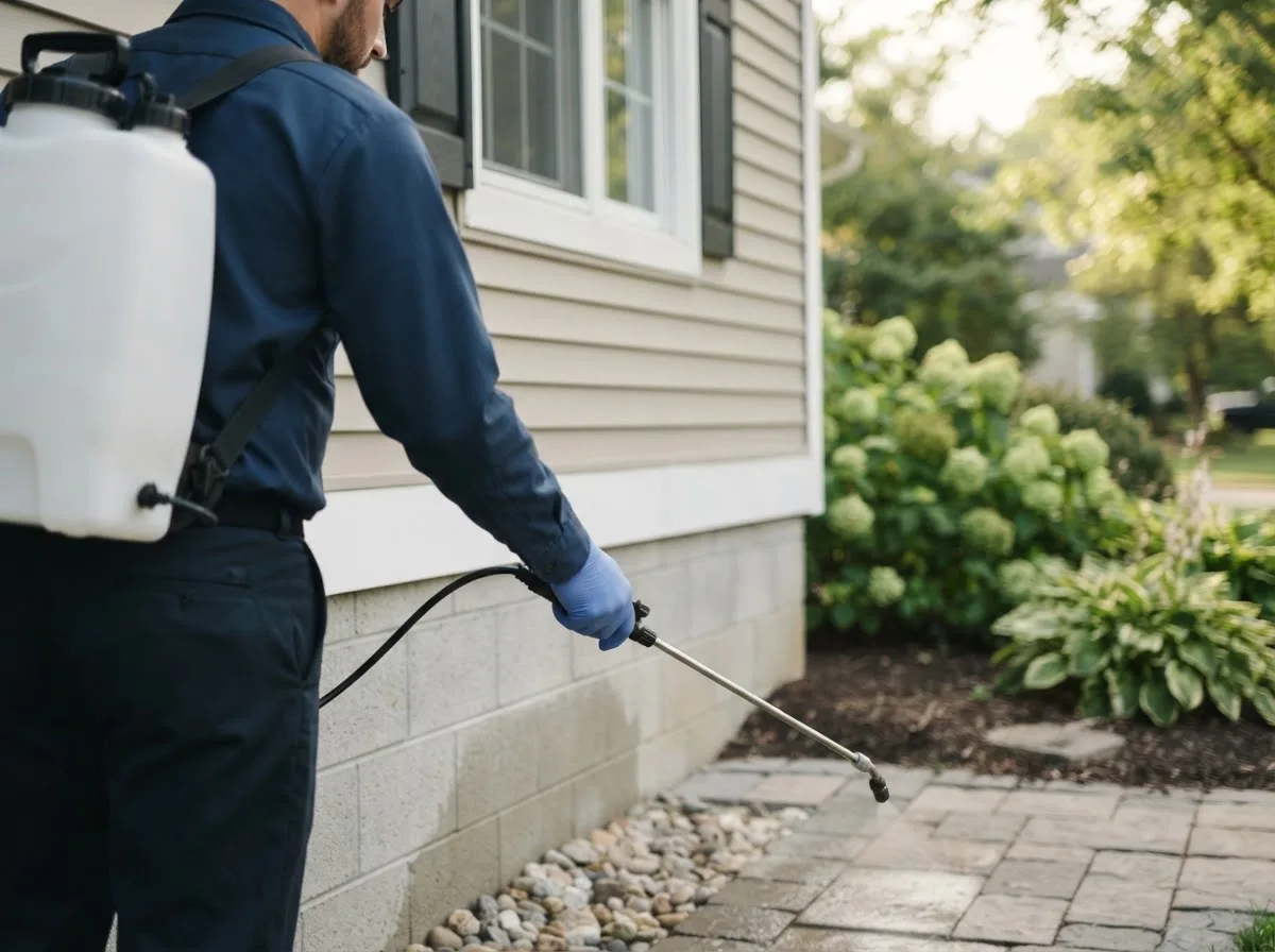 Pest control technician inspecting a home in Marengo, IA